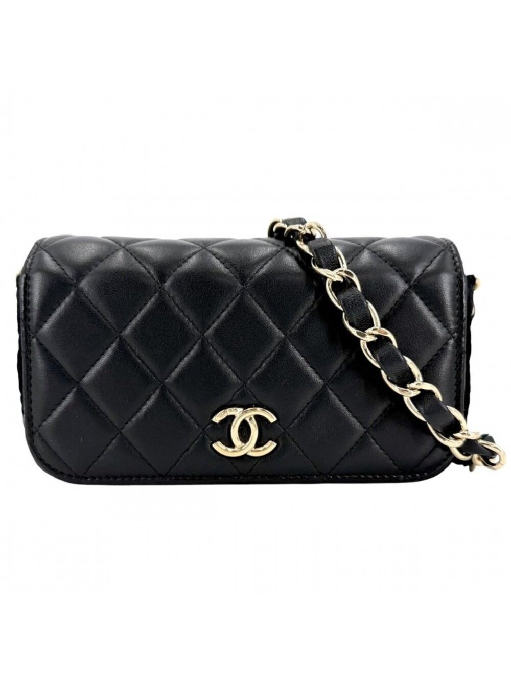 Chanel Shoulder Bag Quilted Flap Chain Knit Crossbody CC Logo Lambskin Black